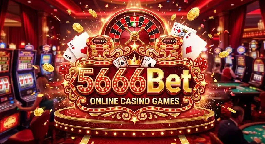 A triumphant player amidst a rain of golden tokens and a glowing fortune wheel — showcasing the prestige of 5666Bet.
